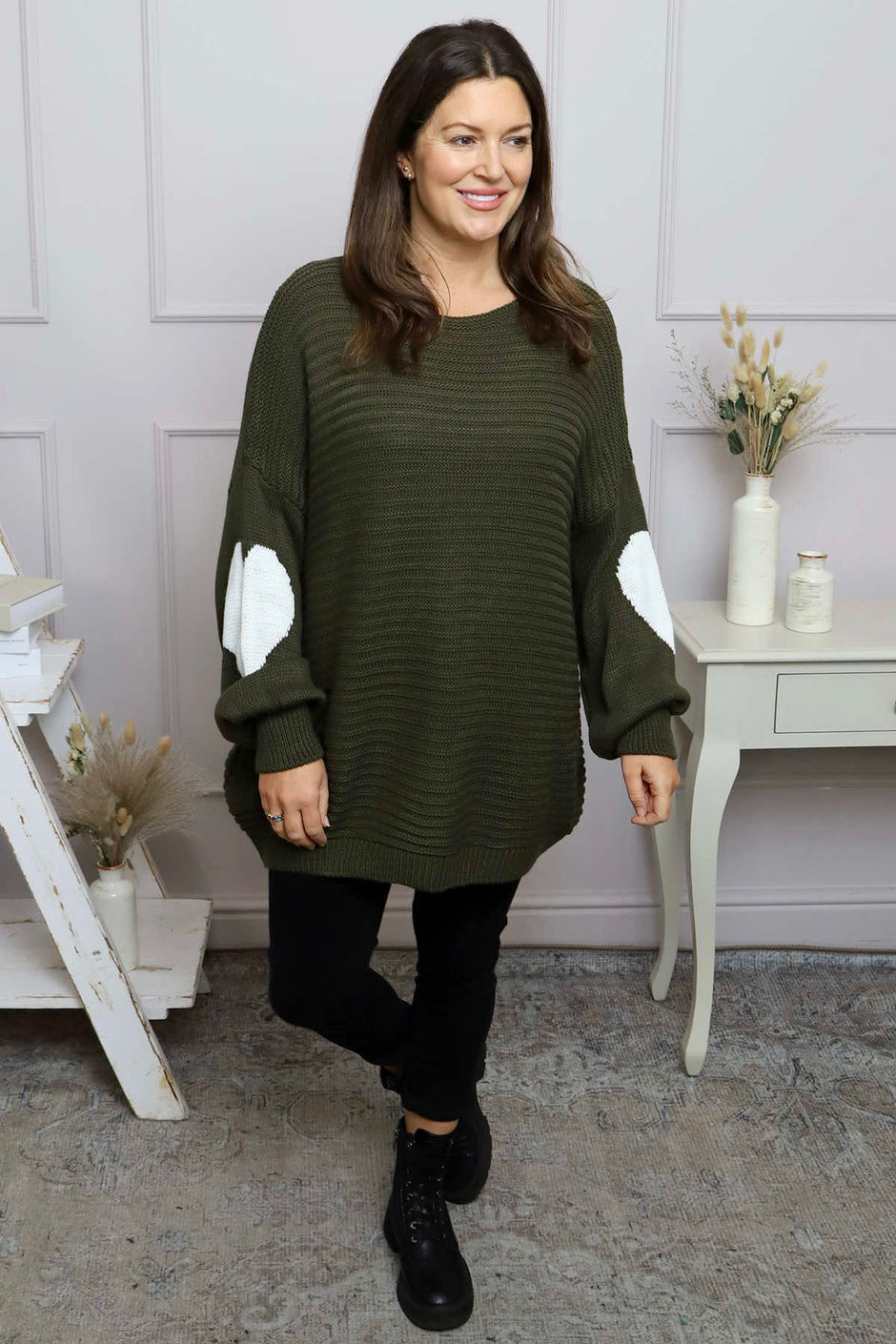 Magdalena Heart Sleeve Knitted Jumper Khaki