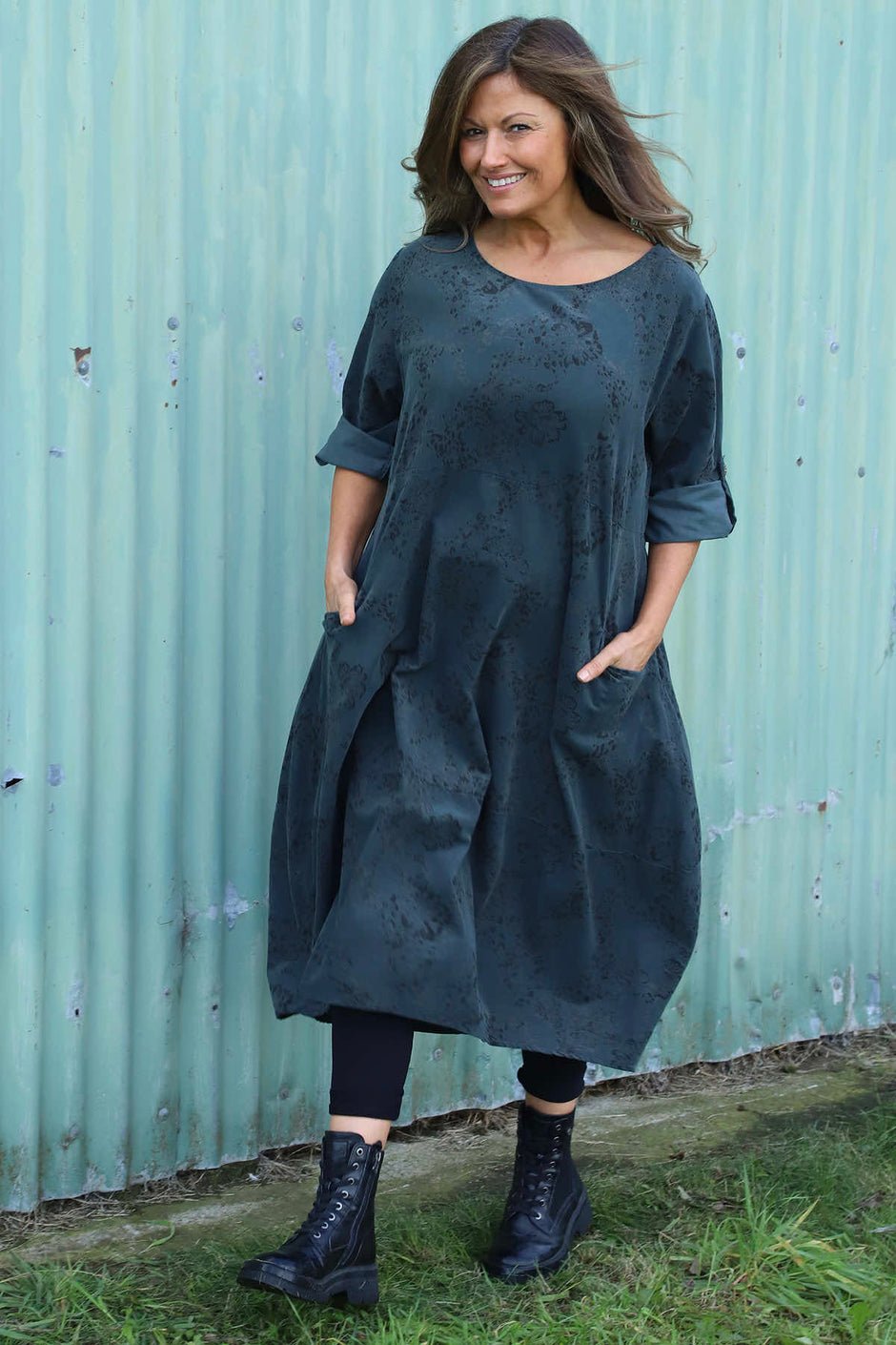 Penelope Pattern Pocket Needlecord Dress Charcoal