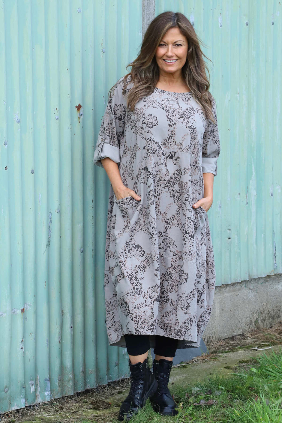 Penelope Pattern Pocket Needlecord Dress Mocha