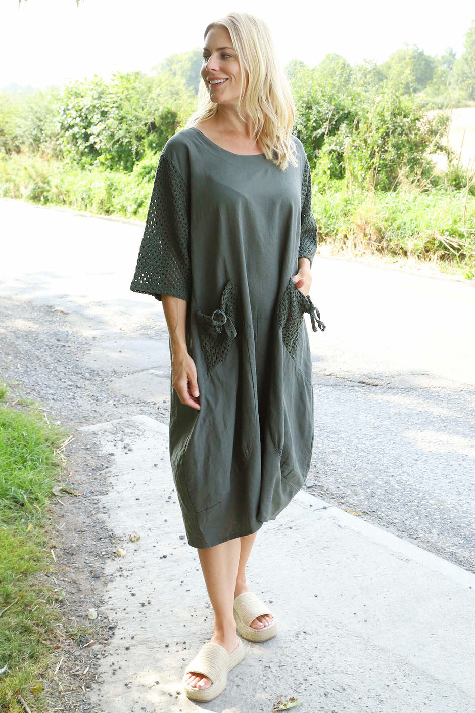 Cadie Crochet Detail Linen Dress Dark Khaki