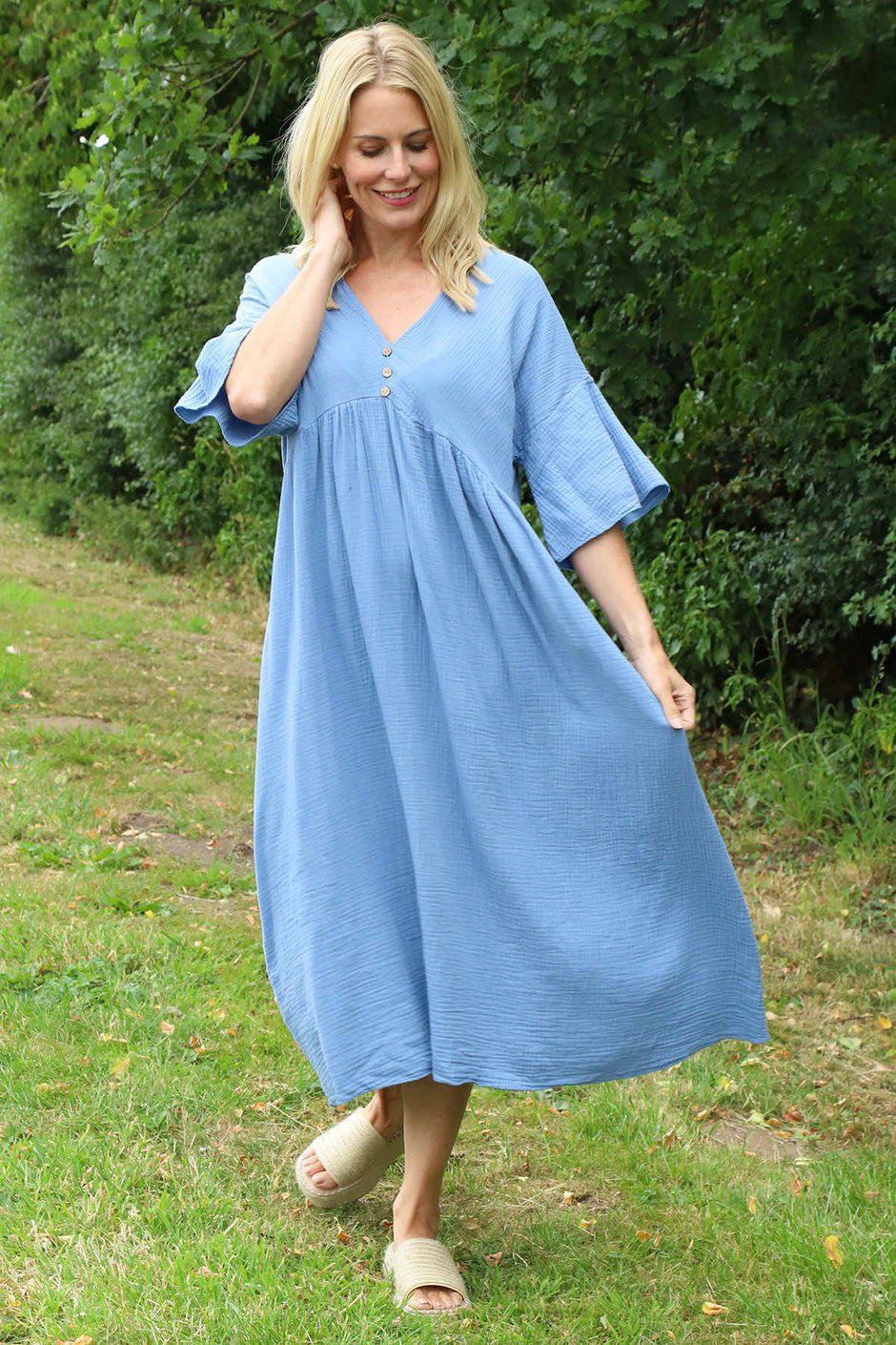 Alessandra Crinkle Cotton Dress Blue