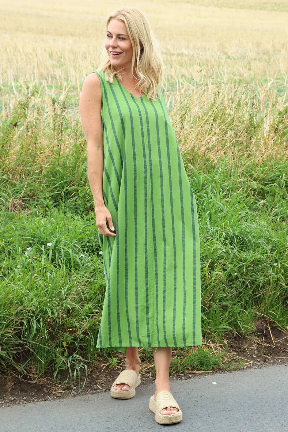 Michaela Linen Sleeveless Stripe Dress Green