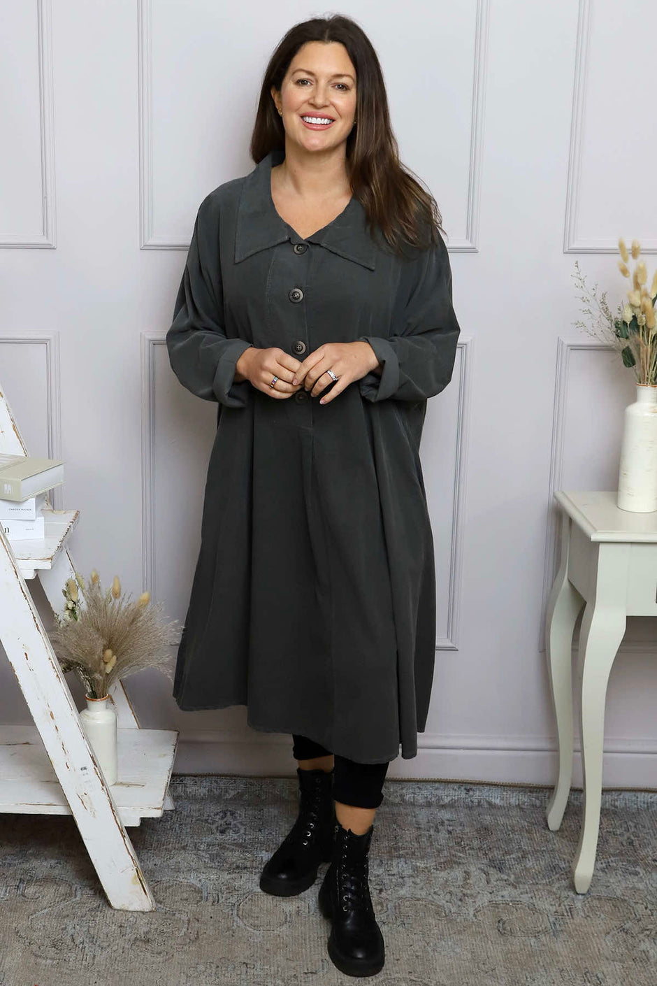 Amina Needlecord Dress Charcoal