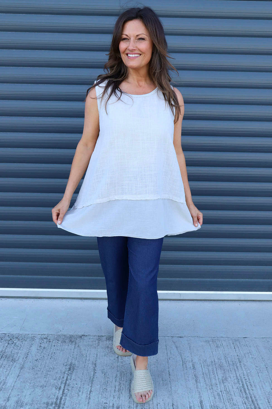 Perla Sleeveless Cotton Top Stone