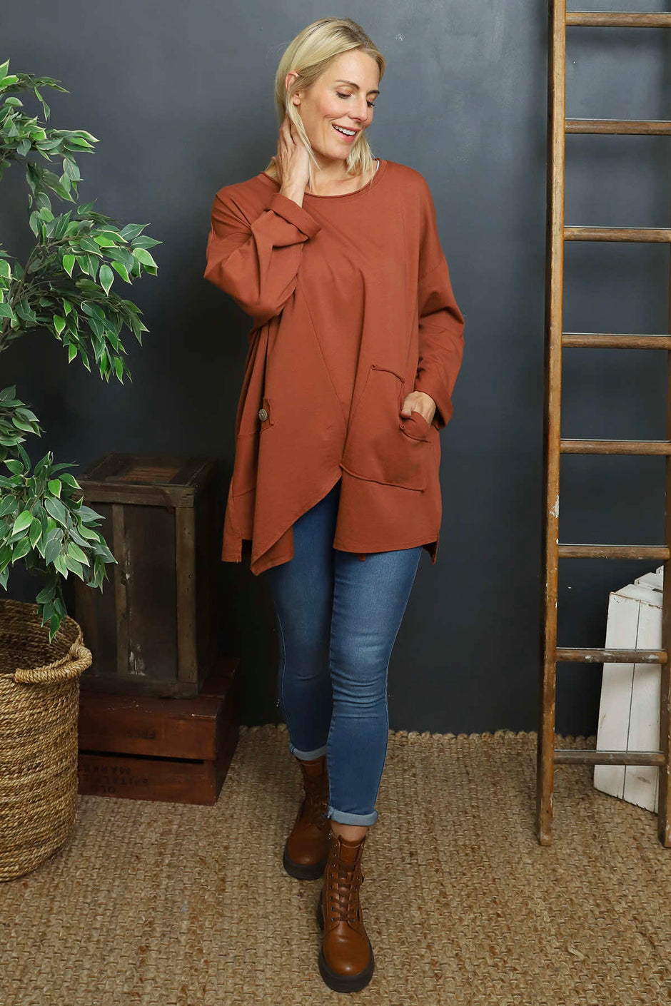 Kelilah Pocket Cotton Top Burnt Orange