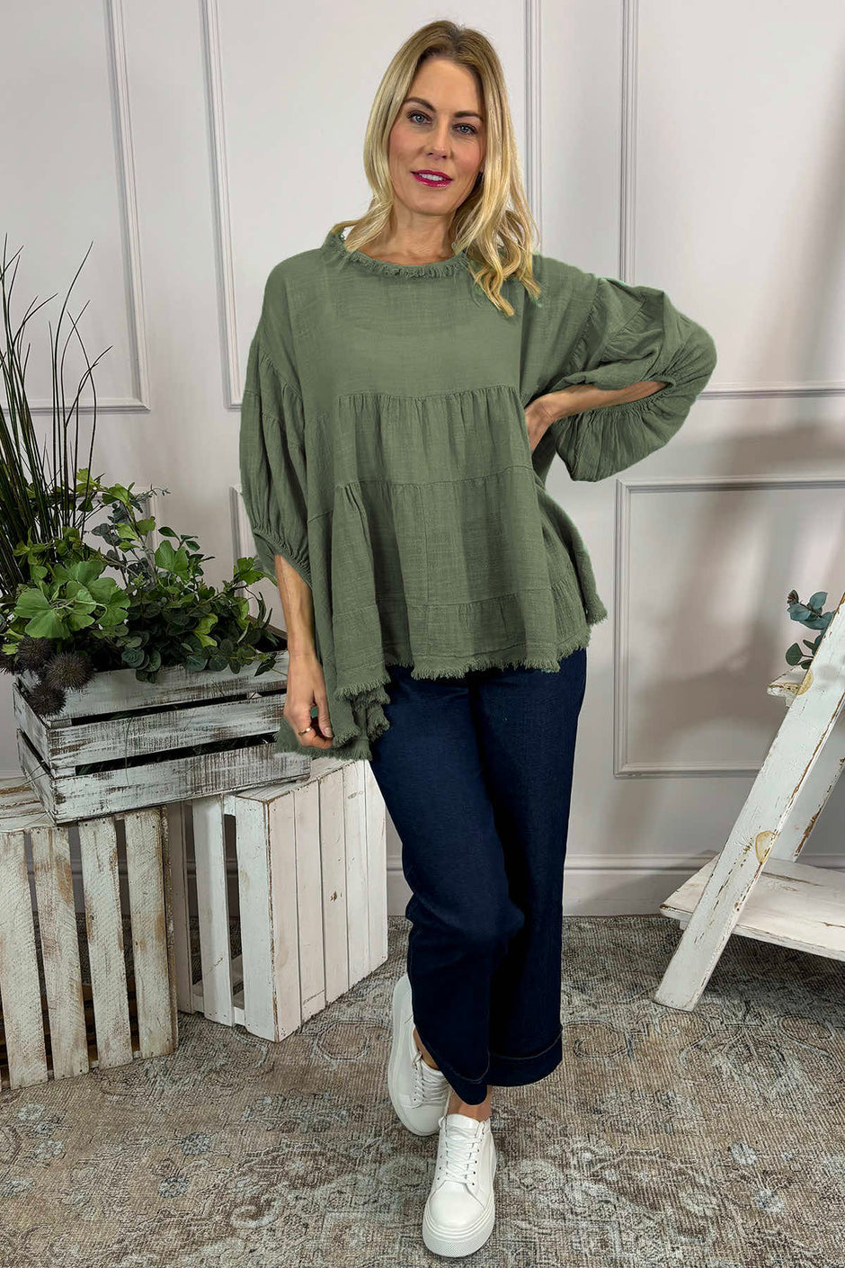 Bingham Tiered Cotton Top Khaki