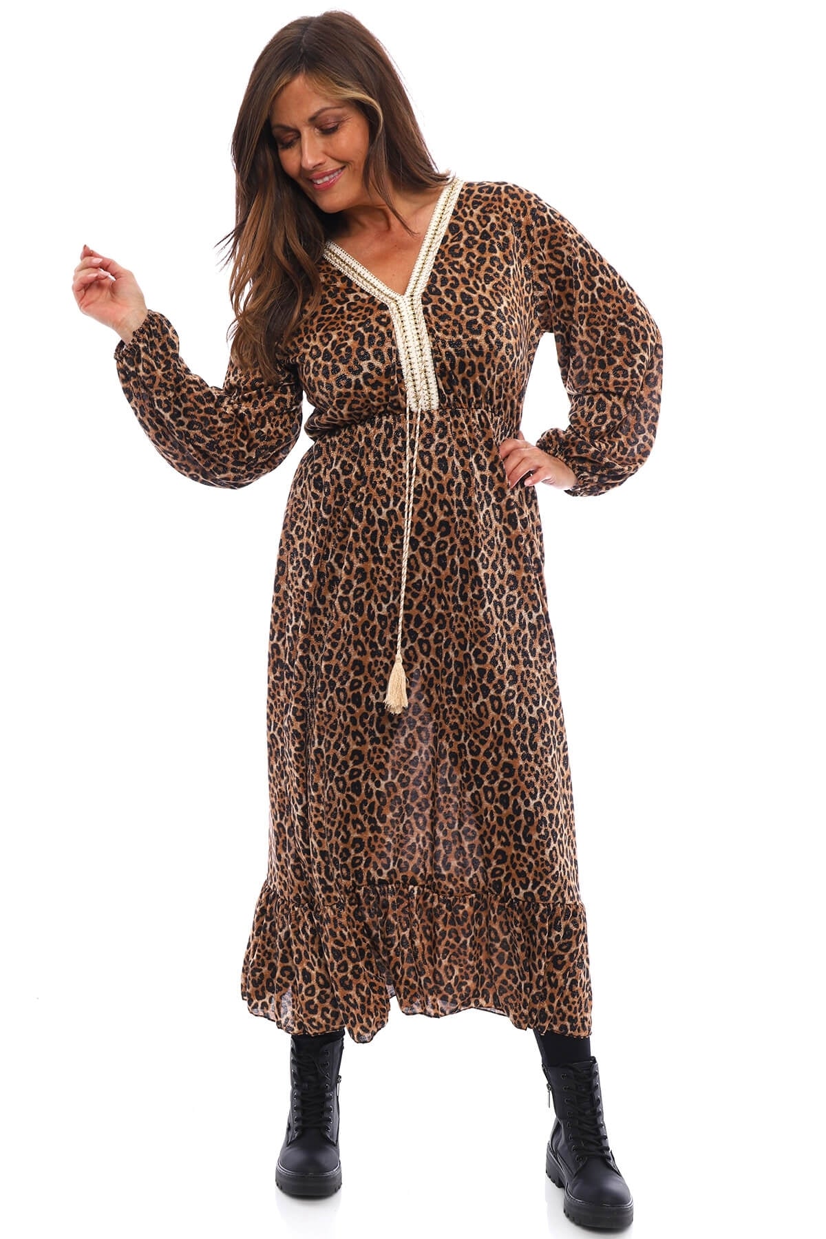 Adelina Leopard Print Dress Camel