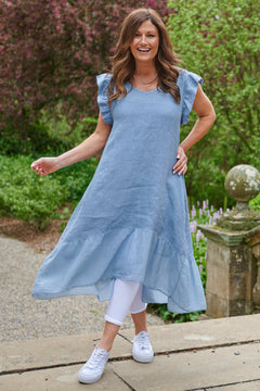 Alaysia Frill Linen Dress Denim Blue