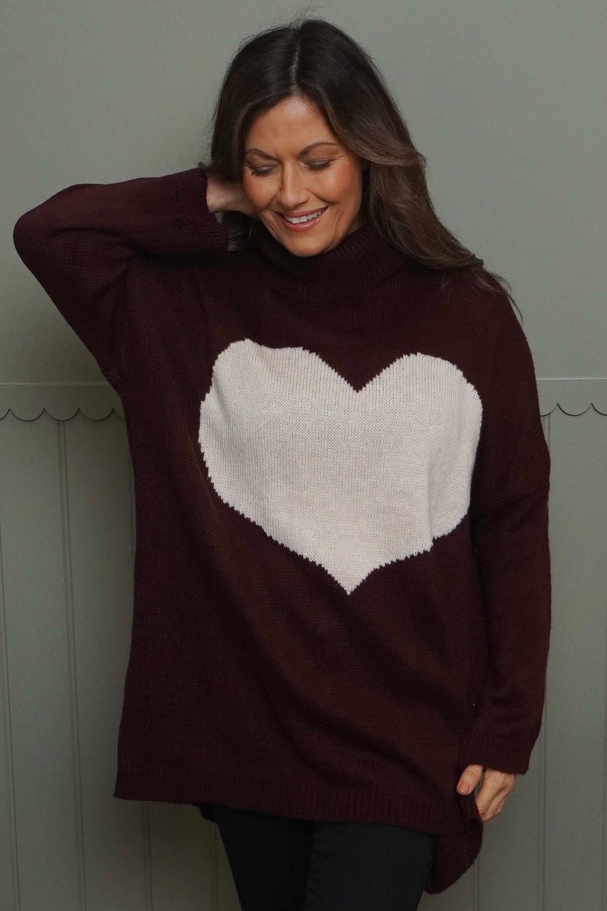 Azura Heart Polo Neck Jumper Wine