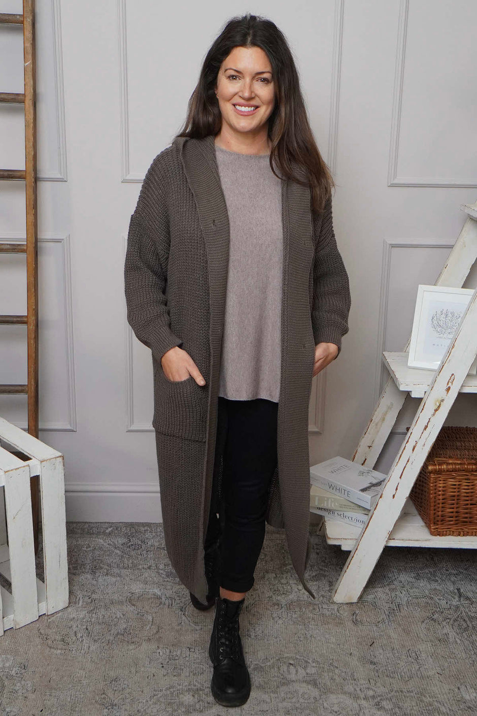 Alison Hooded Knitted Jacket Dark Mocha