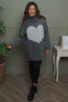 Azura Heart Polo Neck Jumper Mid Grey