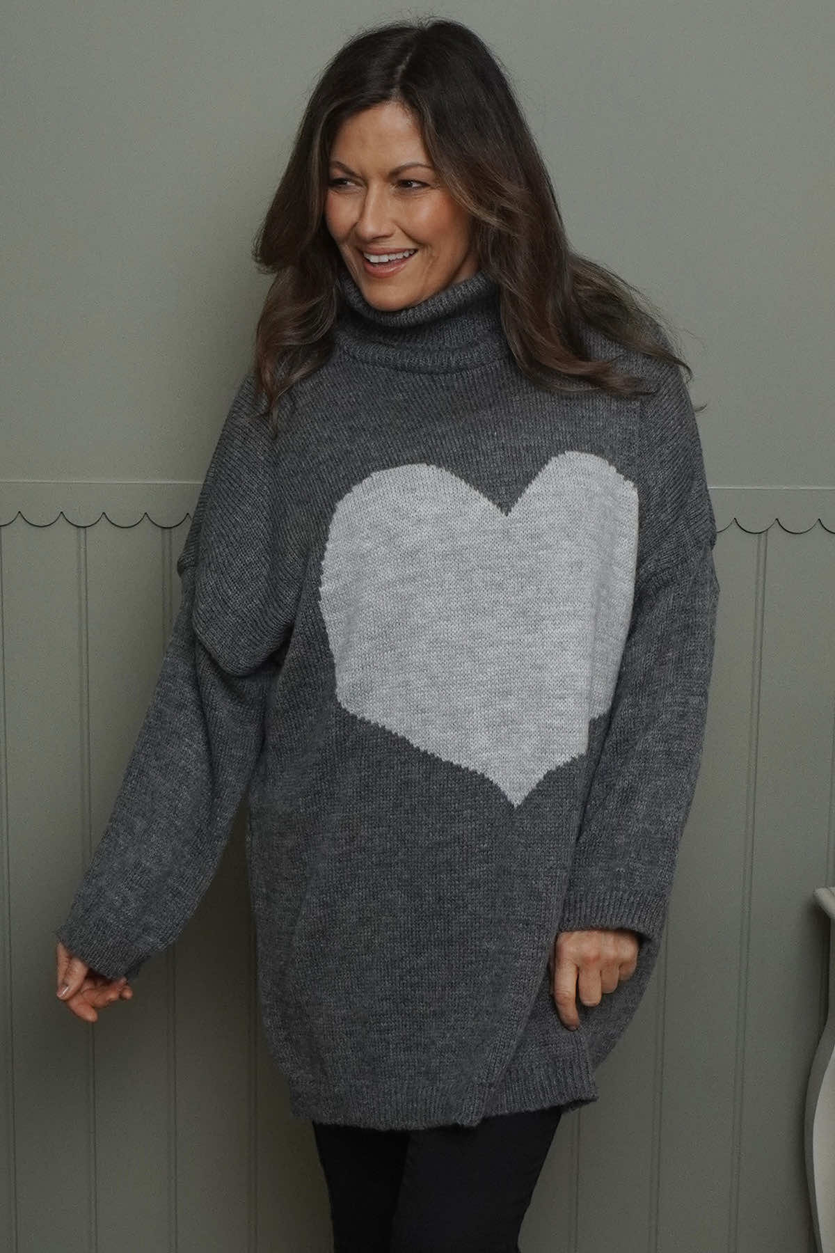 Azura Heart Polo Neck Jumper Mid Grey
