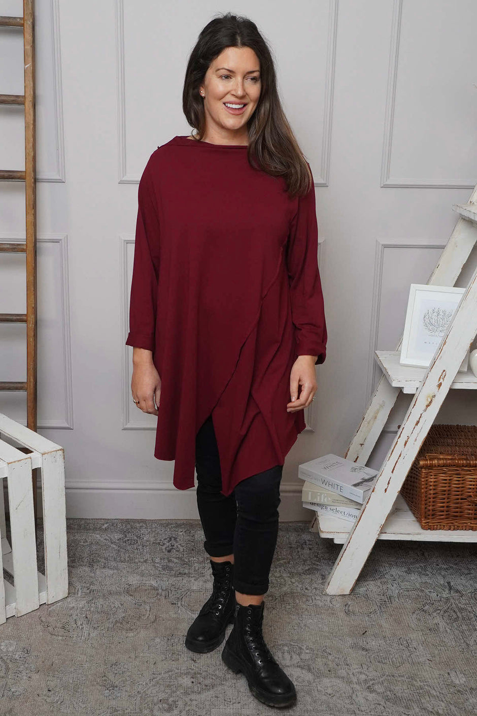 Nelle Cowl Cotton Top Wine