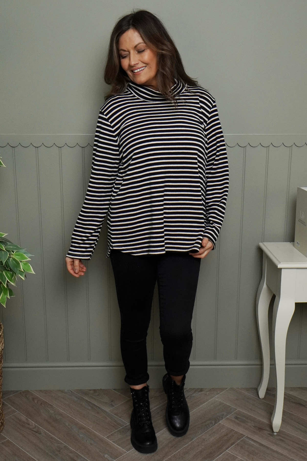 Dortha Stripe Cowl Knit Top Black