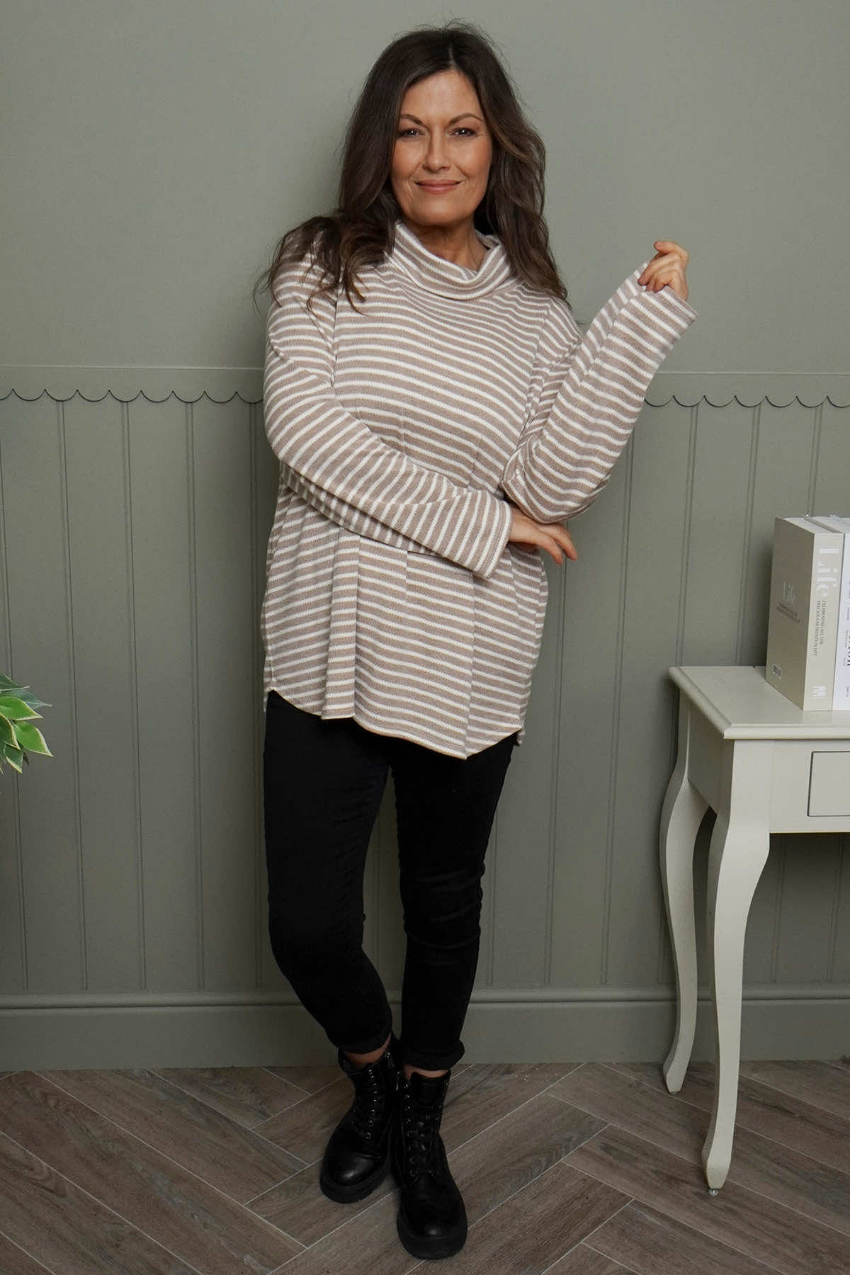 Dortha Stripe Cowl Knit Top Mocha