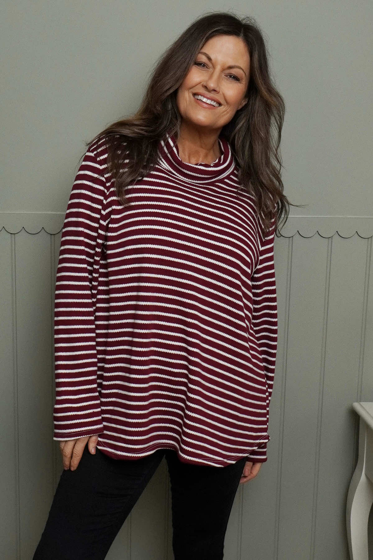Dortha Stripe Cowl Knit Top Wine