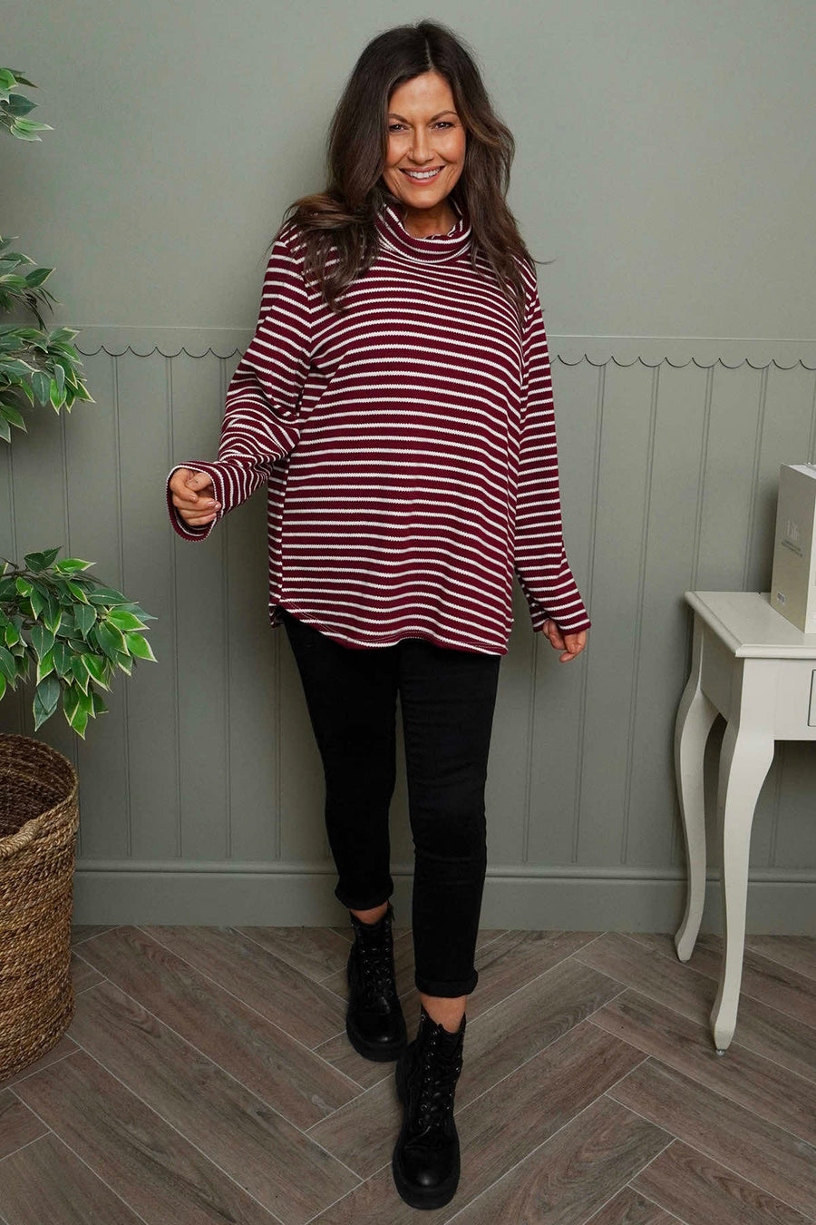 Dortha Stripe Cowl Knit Top Wine
