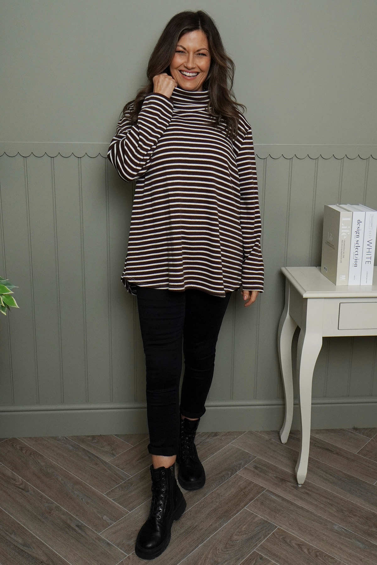 Dortha Stripe Cowl Knit Top Cocoa