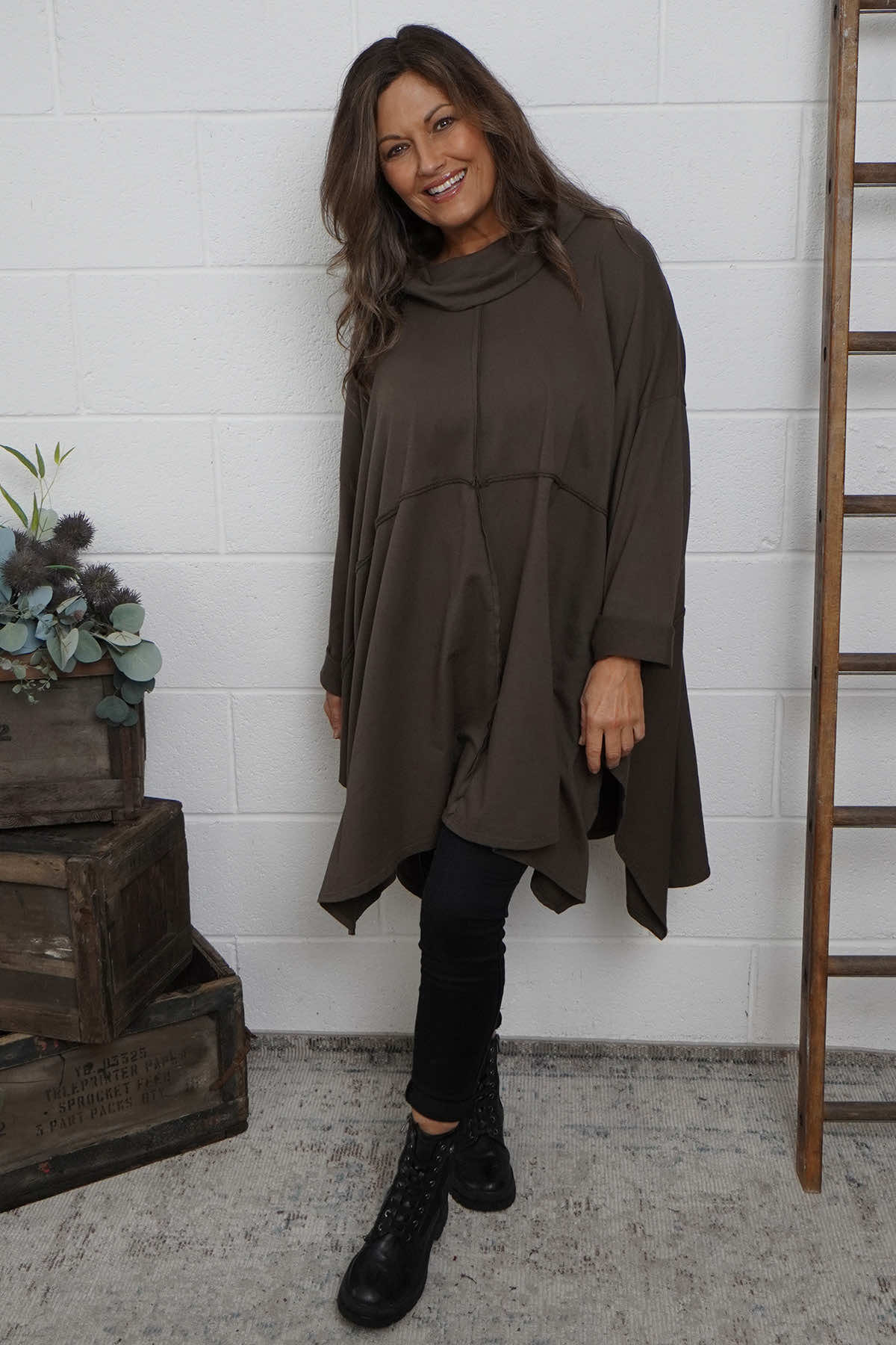 Posy Cowl Oversized Cotton Top Cocoa