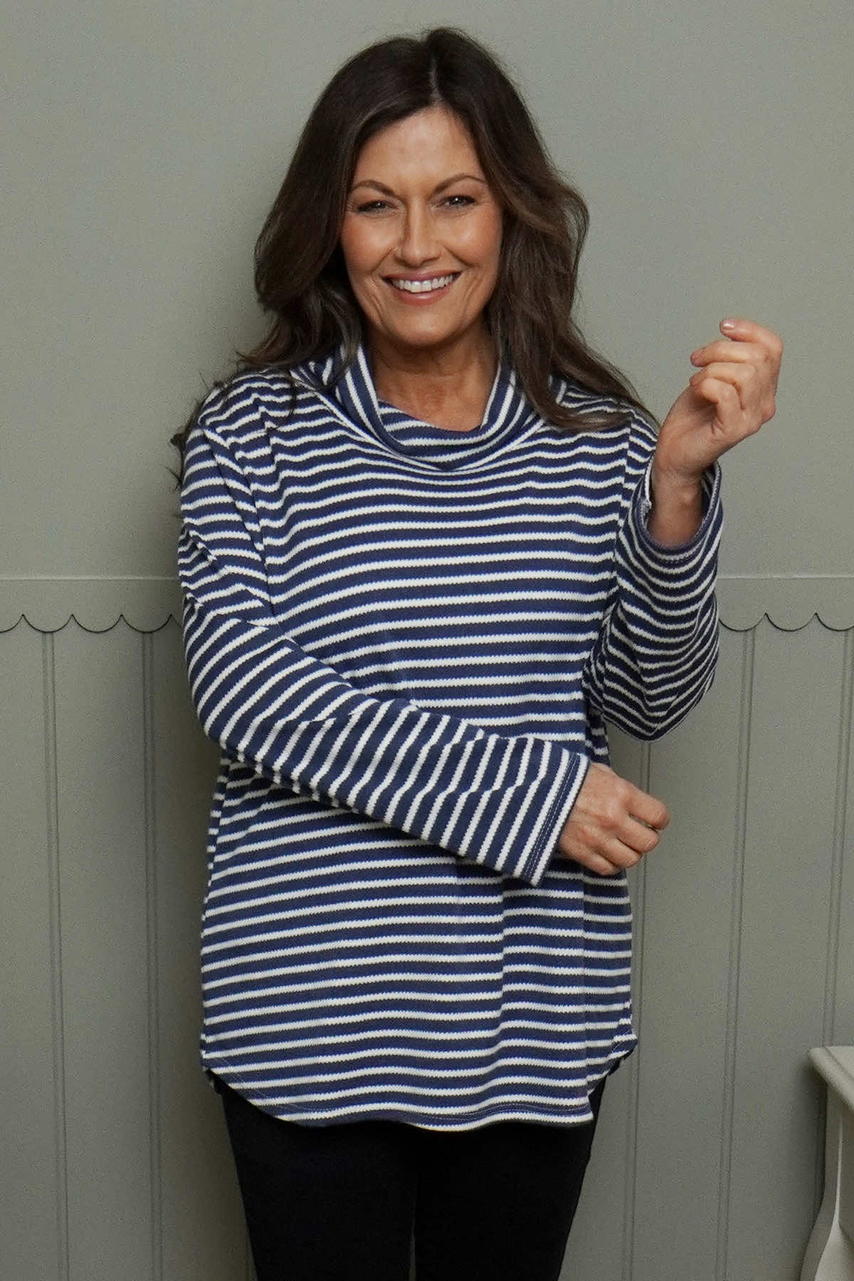 Dortha Stripe Cowl Knit Top Blue