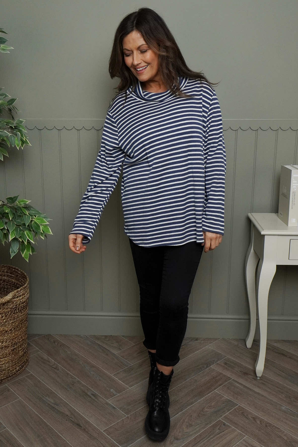 Dortha Stripe Cowl Knit Top Blue