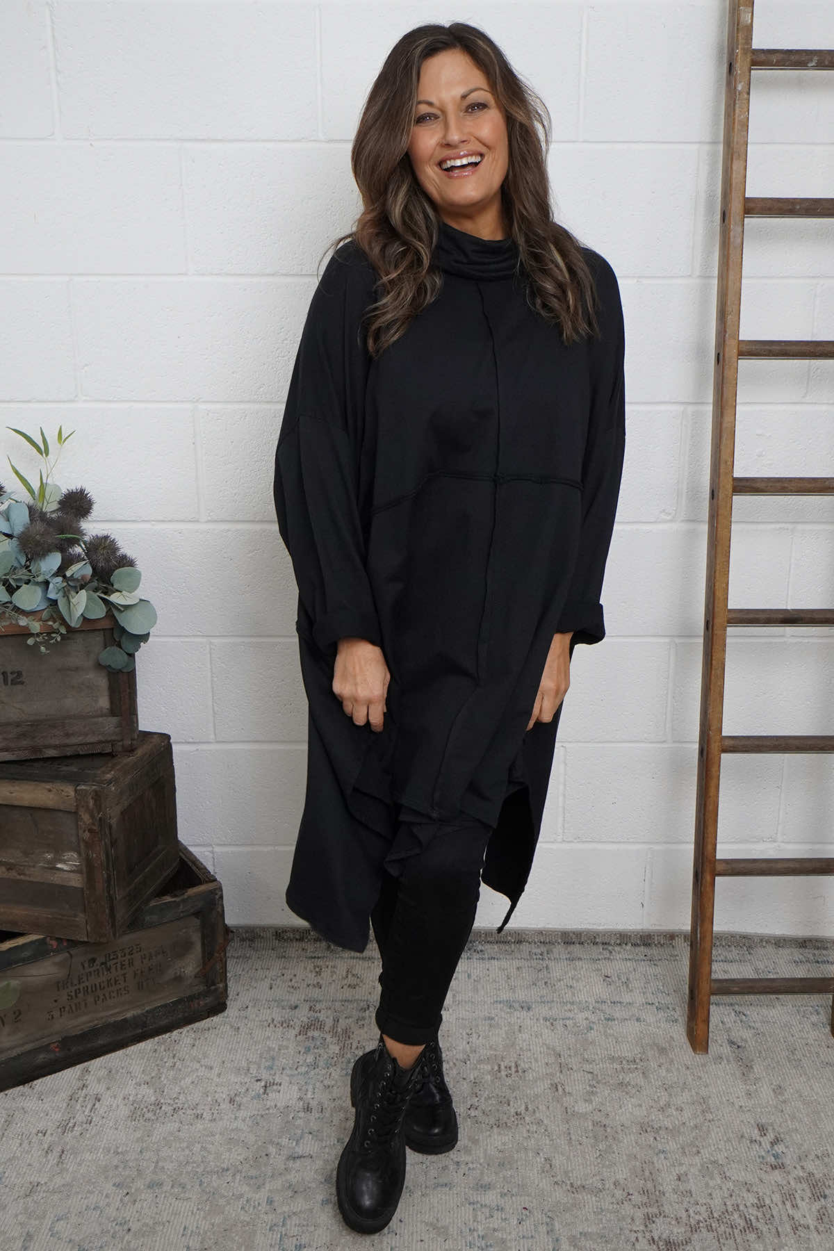 Posy Cowl Oversized Cotton Top Black