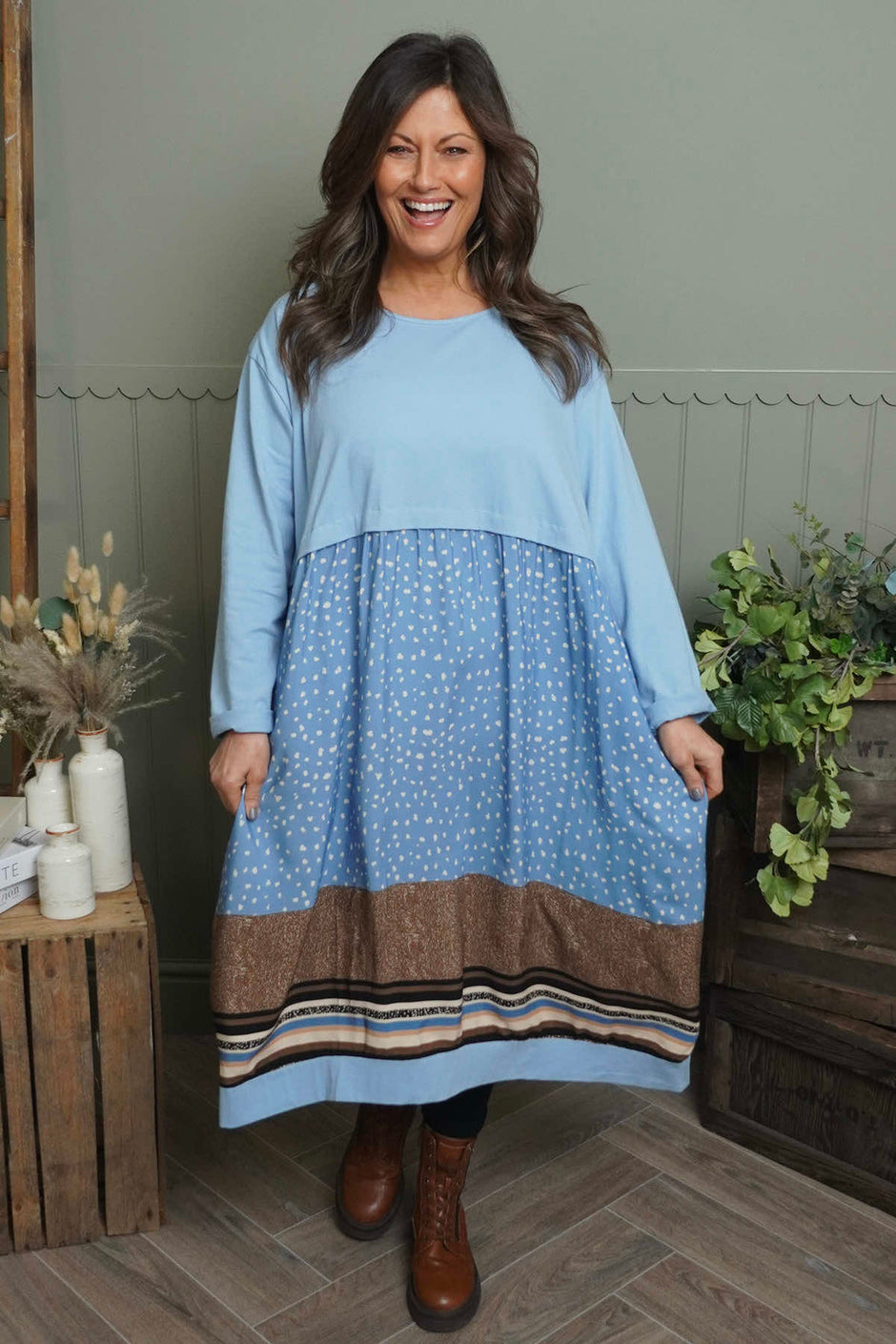 Janette Pattern Cotton Dress Light Blue