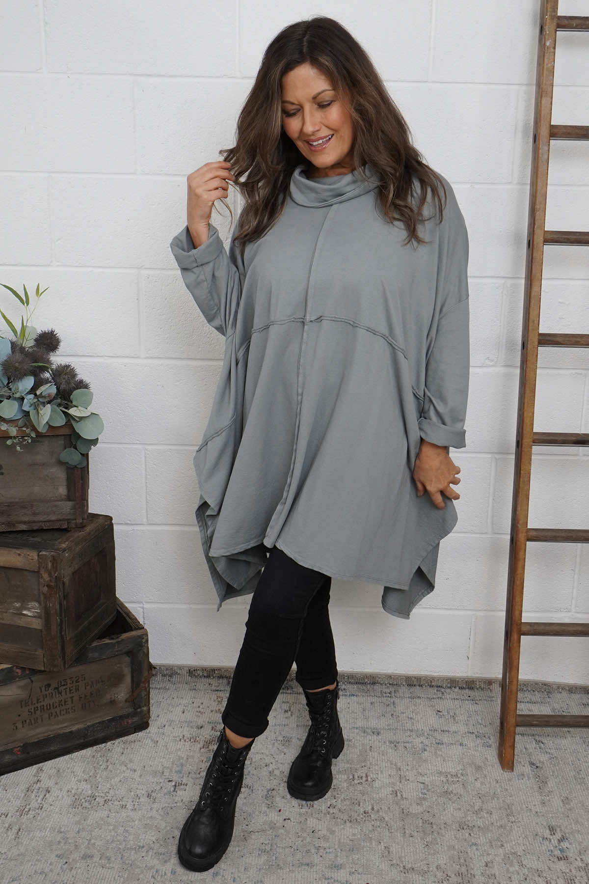 Posy Cowl Oversized Cotton Top Mid Grey