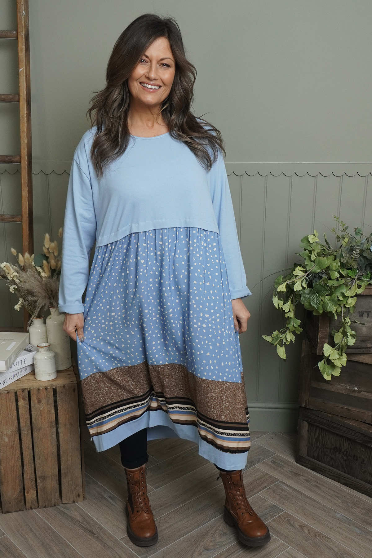 Janette Pattern Cotton Dress Light Blue