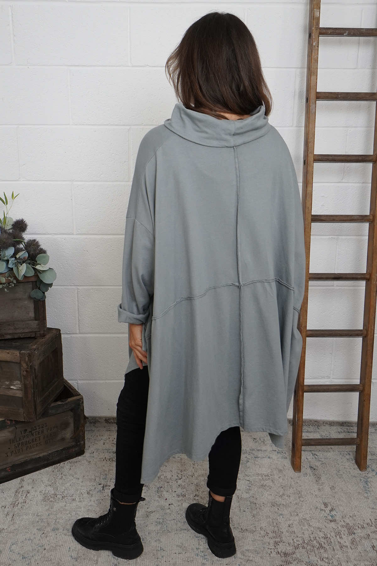 Posy Cowl Oversized Cotton Top Mid Grey