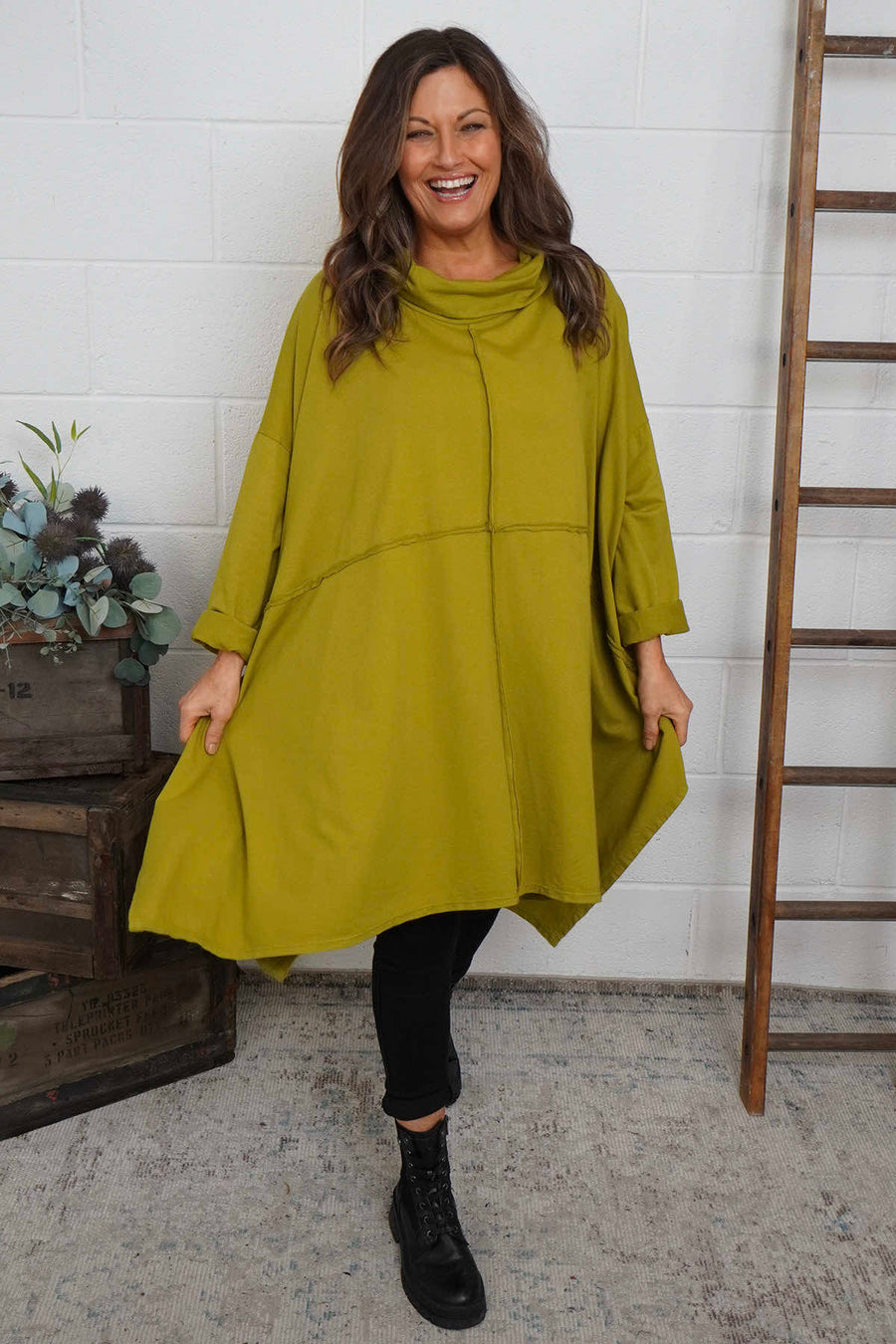 Posy Cowl Oversized Cotton Top Moss