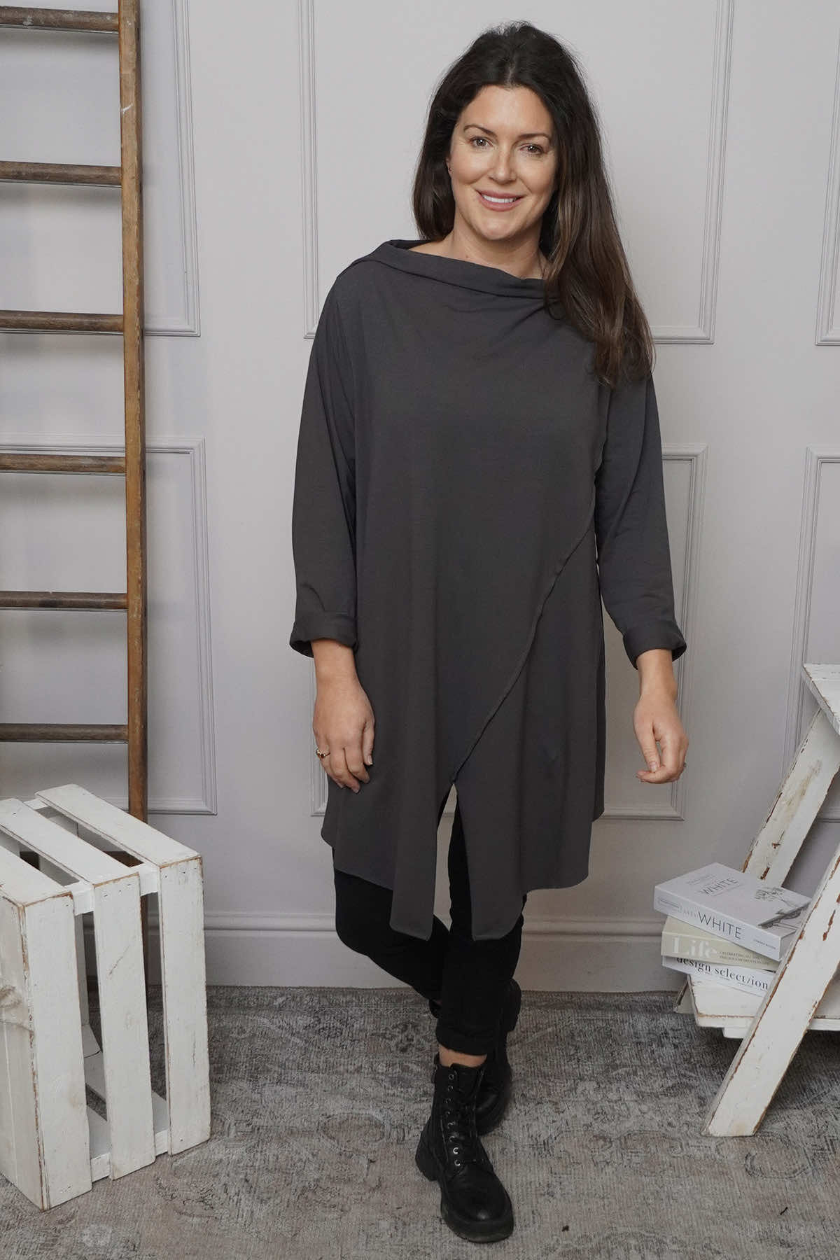 Nelle Cowl Cotton Top Charcoal