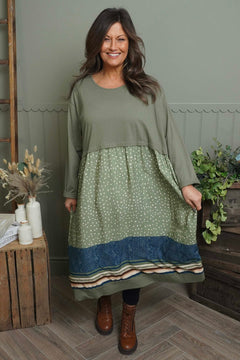 Janette Pattern Cotton Dress Khaki