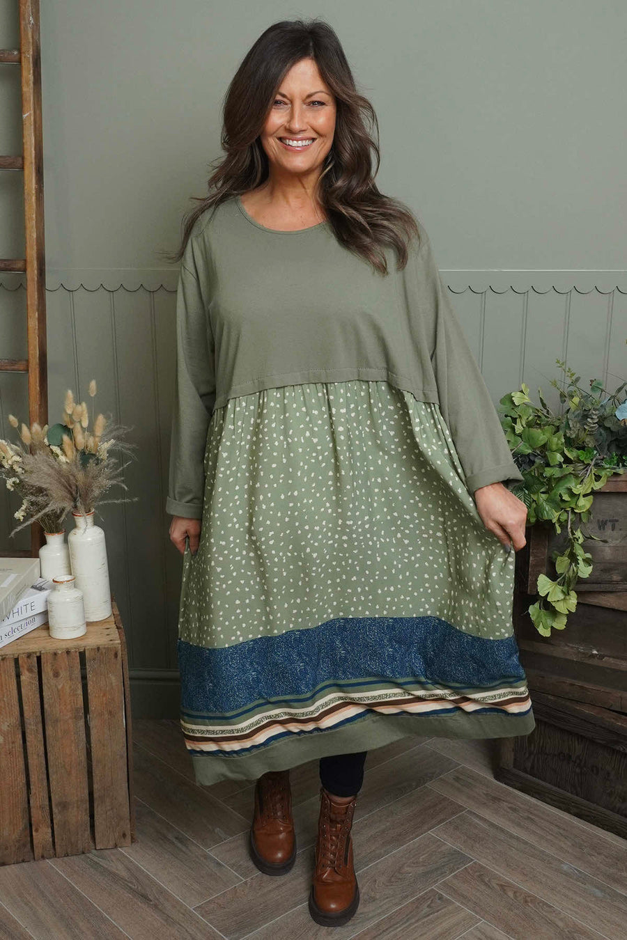 Janette Pattern Cotton Dress Khaki