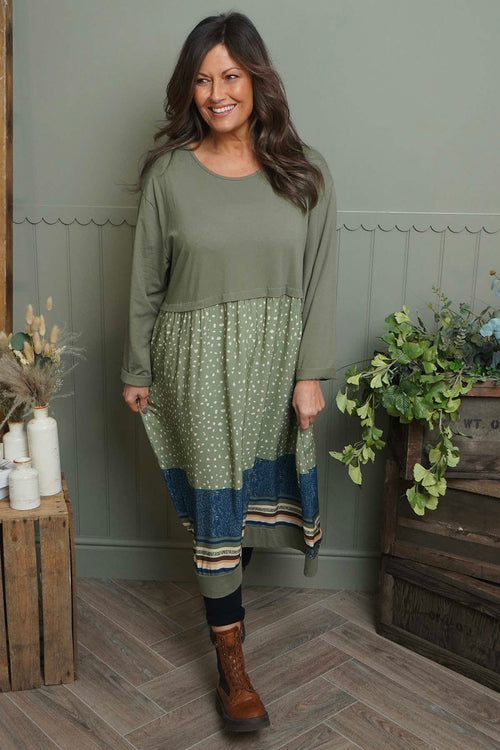 Janette Pattern Cotton Dress Khaki - Image 2