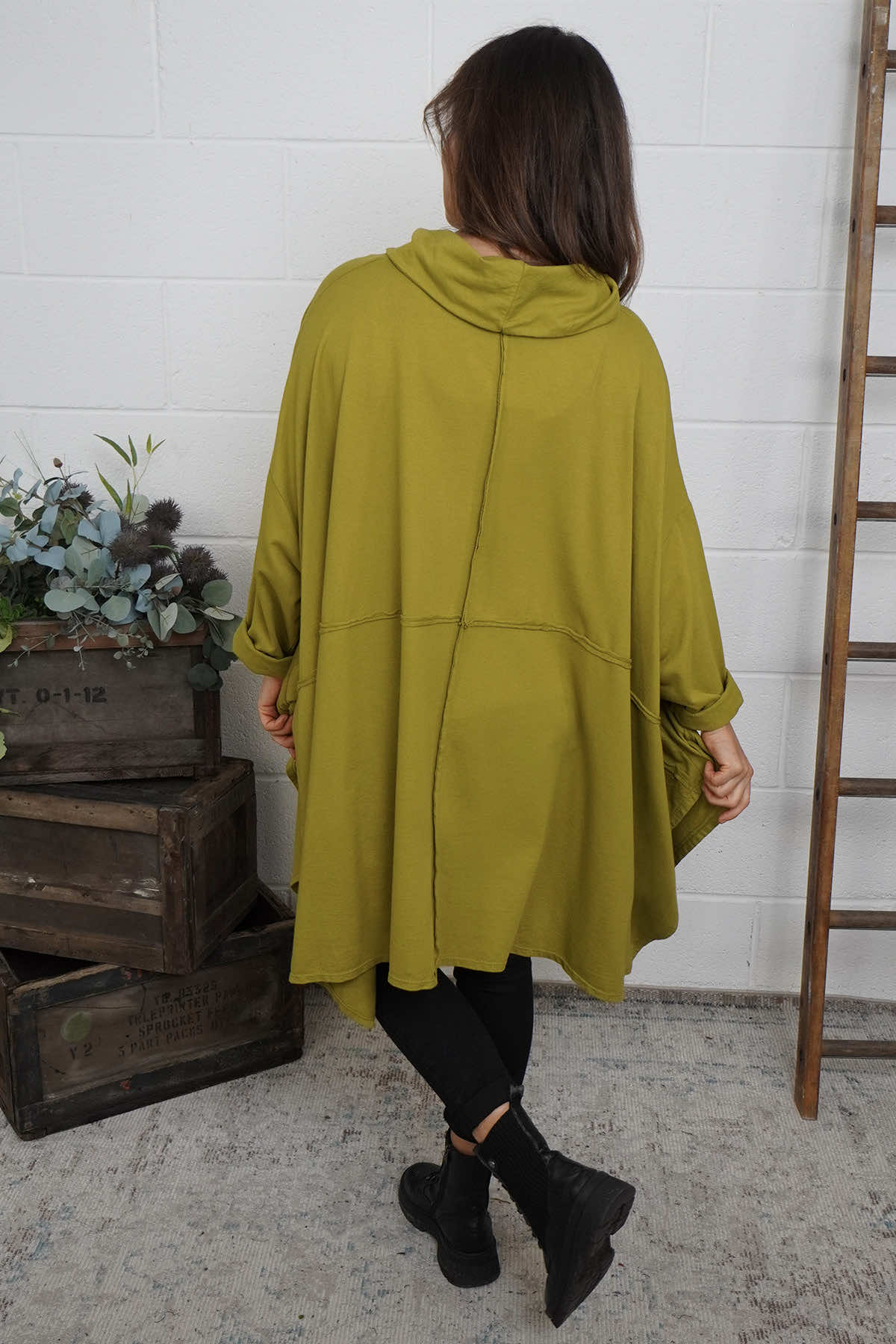 Posy Cowl Oversized Cotton Top Moss