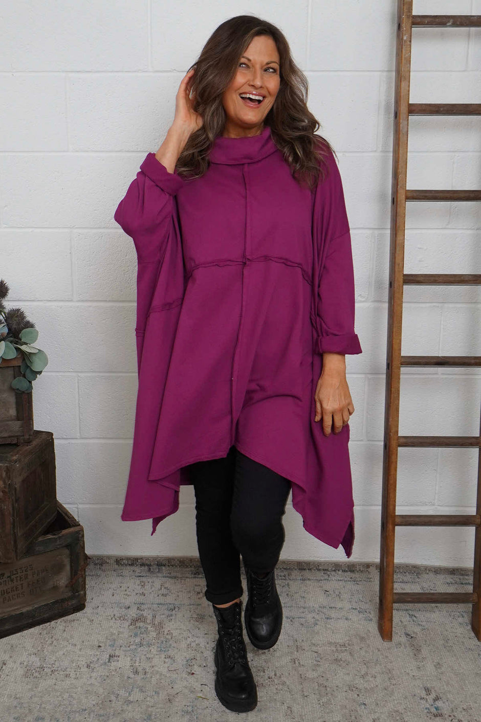 Posy Cowl Oversized Cotton Top Berry