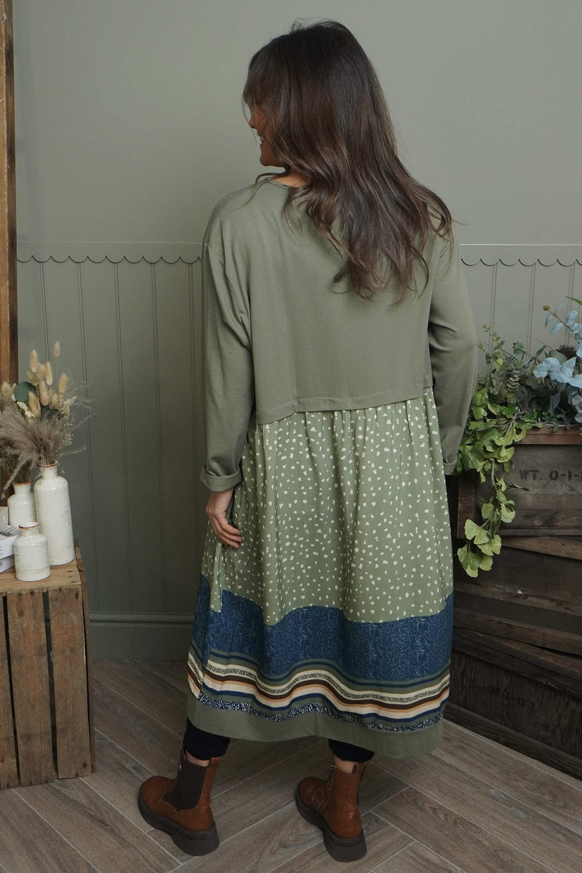 Janette Pattern Cotton Dress Khaki