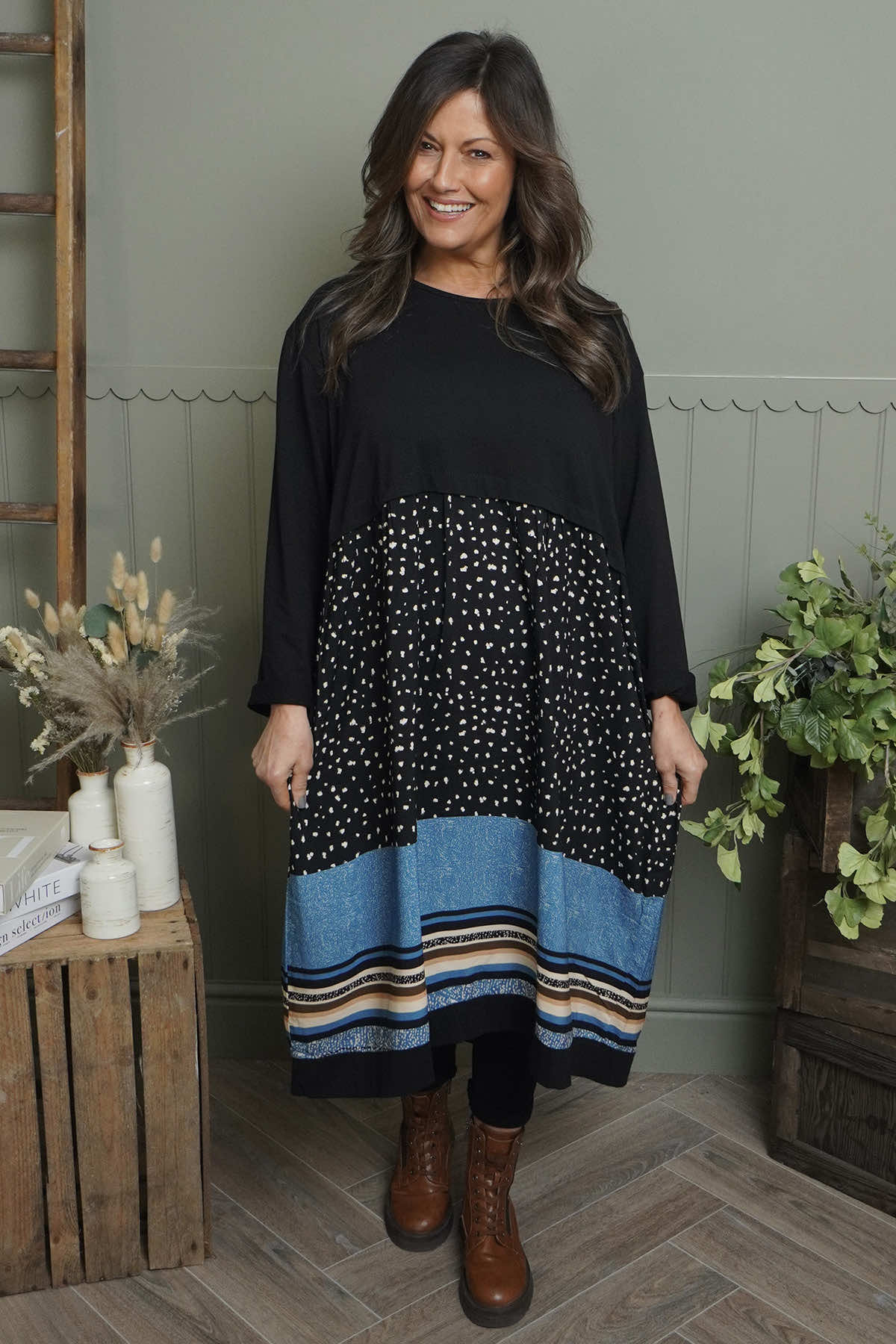 Janette Pattern Cotton Dress Black