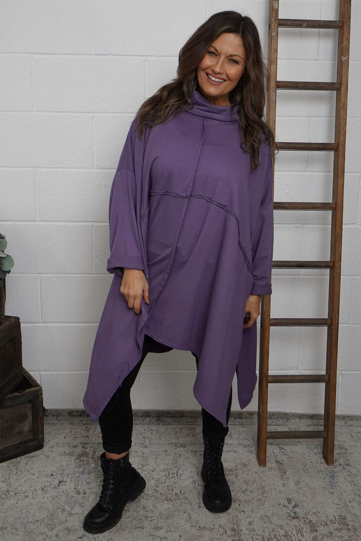 Posy Cowl Oversized Cotton Top Purple