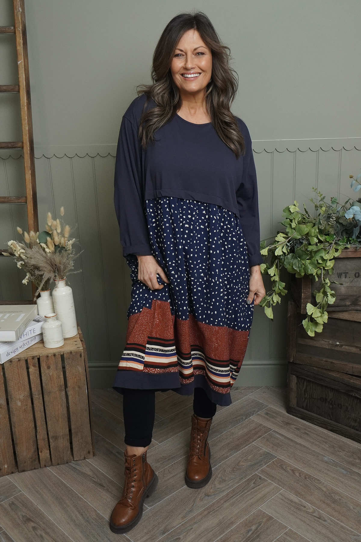 Janette Pattern Cotton Dress Navy