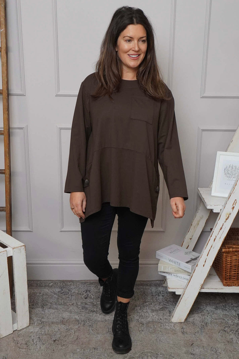 Angelina Pocket Cotton Top Cocoa