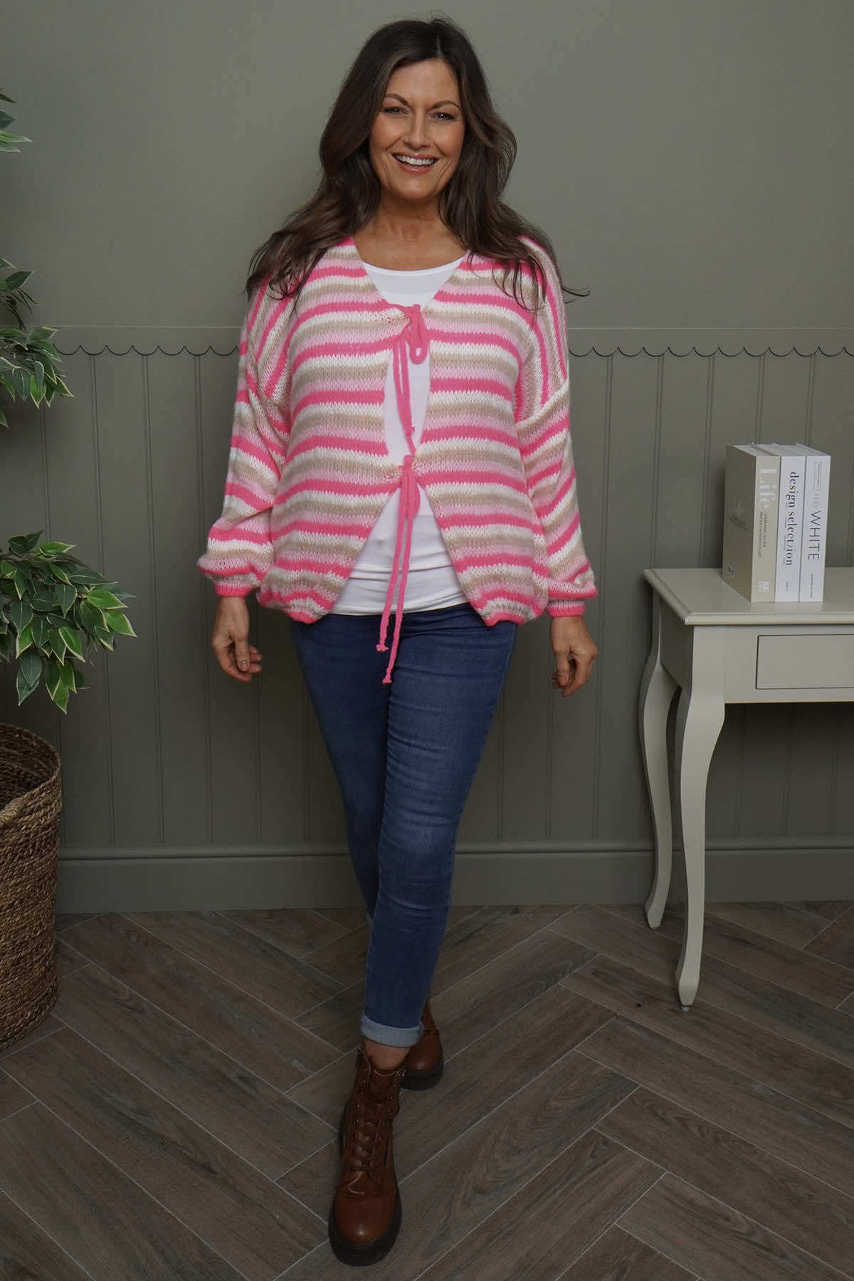 Merlyn Stripe Tie Knitted Cardigan Fuchsia