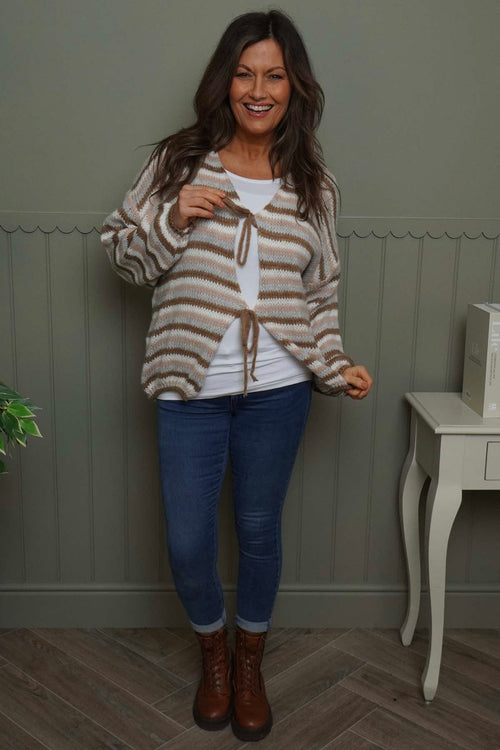 Merlyn Stripe Tie Knitted Cardigan Camel - Image 2