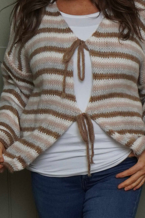 Merlyn Stripe Tie Knitted Cardigan Camel - Image 3