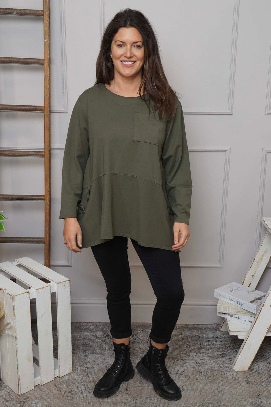 Angelina Pocket Cotton Top Khaki