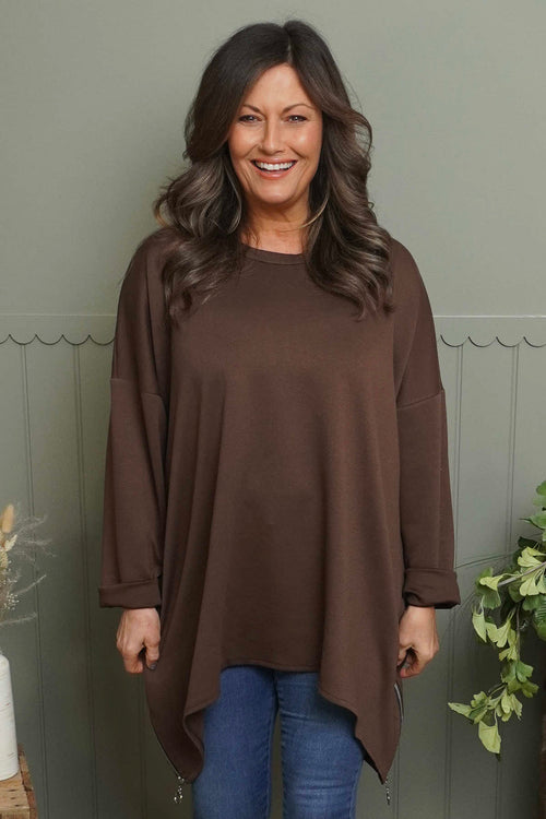 Lynne Zip Dipped Hem Top Cocoa - Image 1