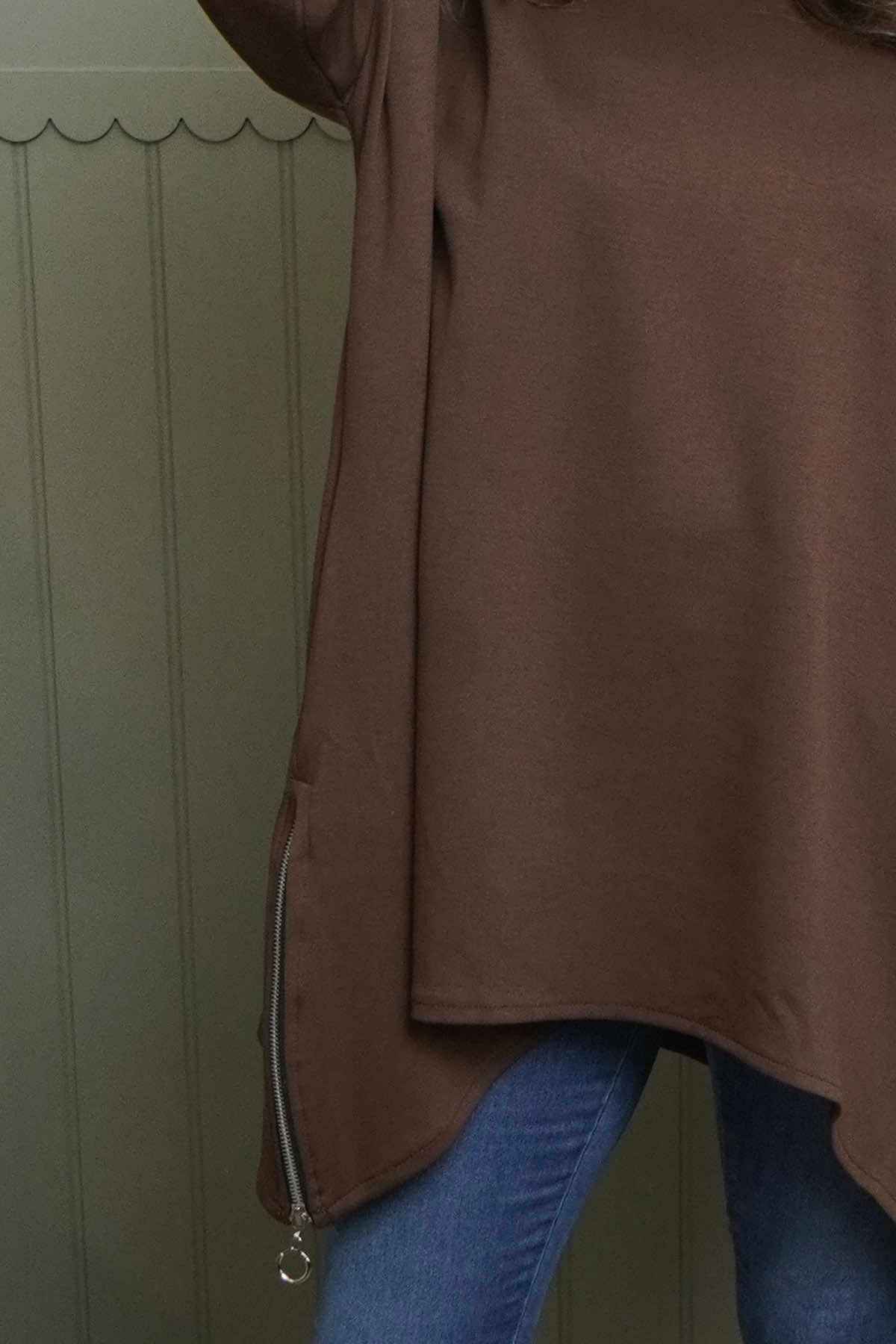 Lynne Zip Dipped Hem Top Cocoa