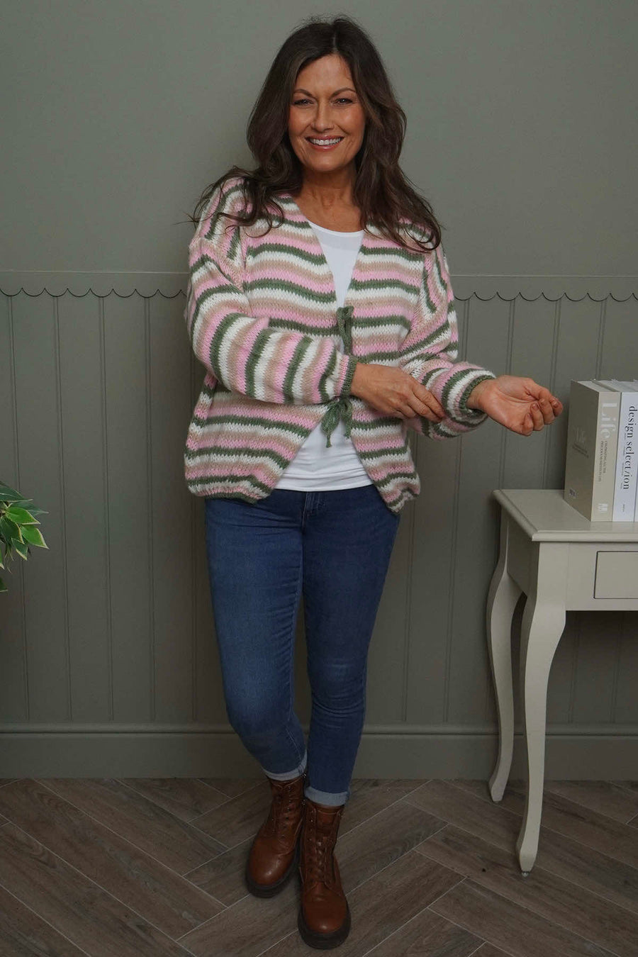 Merlyn Stripe Tie Knitted Cardigan Khaki