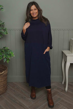 Libby Cowl Neck Cotton Dress Navy